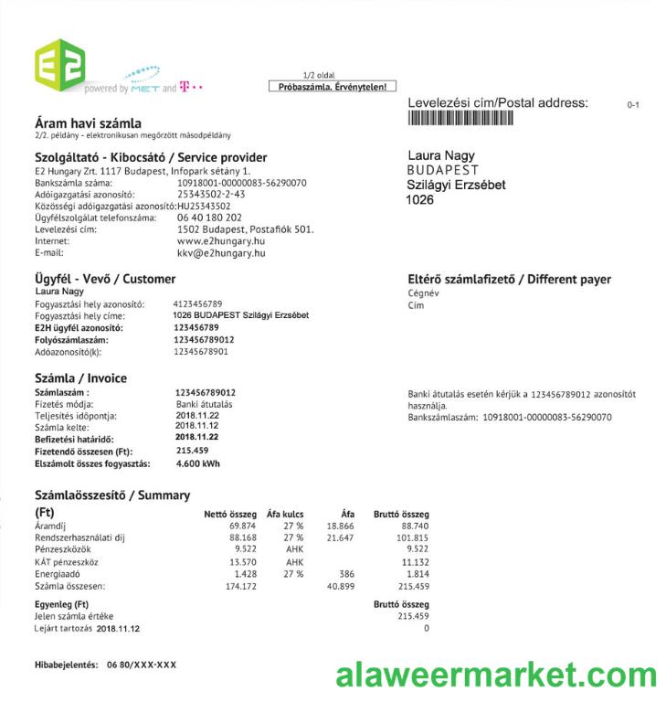 Hungary E2 utility bill, PSD format